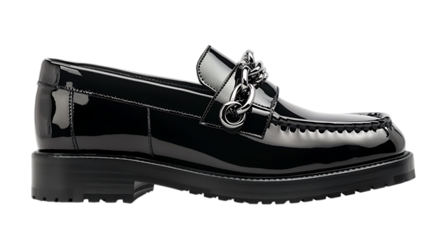 Elegant black patent leather loafer with silver chain isolated on transparent background, a stylish and trendy footwear for a classic and formal look, studio shot