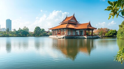 Fototapeta premium A Buddhist temple sits on a lake in central Colombo, Sri Lanka. It's called the Seema Malaka temple. 