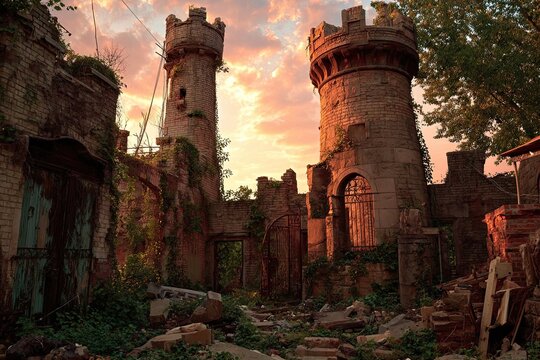 Sun-drenched ruins of a crumbling castle. Two tall towers, overgrown with vegetation, frame a decaying archway - Powered by Adobe
