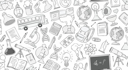 A hand-drawn doodle pattern featuring school supplies and educational elements. This vector illustration includes school buses, globes, microscopes, textbooks, and other classroom essentials
