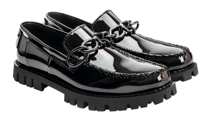Elegant pair of black leather loafers with a shiny finish and thick sole, isolated on transparent background, a classic and stylish footwear accessory