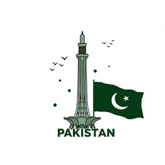 A stylized green illustration of the Minar-e-Pakistan monument with a waving national flag and birds.
