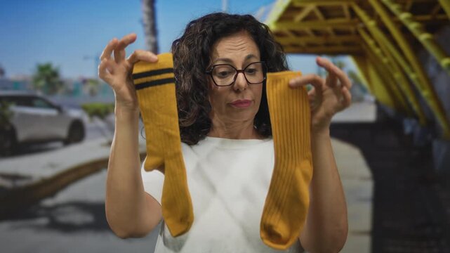 Middle age hispanic woman holds two different socks on city sidewalk; confusion frustration chores.