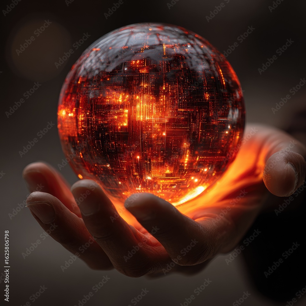 Sticker high-tech oracle ball glowing with future innovations in palms