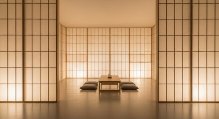 Minimalist Japanese-style room with shoji screens, floor cushions, and warm ambient lighting.
