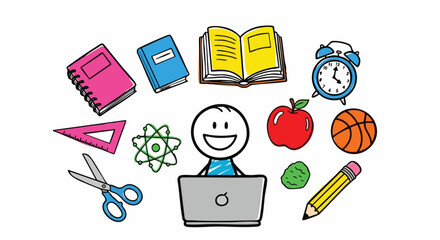 Cartoon stick figure working on a laptop surrounded by school supplies in a doodle style. This illustration conveys concepts of education, learning, and digital literacy