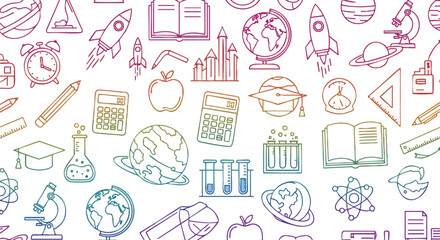 Colorful seamless pattern featuring school supplies and science doodles. This vector illustration includes various elements such as pencils, calculators, globes, books, and science equipment