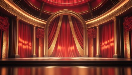 Grand Red and Gold Luxury Theater Stage with Curtains and Staircase. Elegant Broadway Theater Stage with Red Velvet Curtains and Golden Decor. Majestic Opera Stage with Red Curtain Gold Ornament