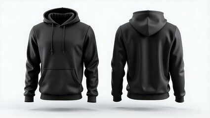 Realistic 3D Render of Plain Black Hoodie Front and Back View on White Background for Apparel Mockup