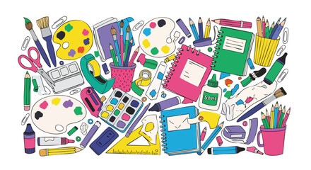 Hand-drawn, colorful illustration of school supplies and art tools. A vibrant collection of stationery, including pencils, brushes, paints, and notebooks
