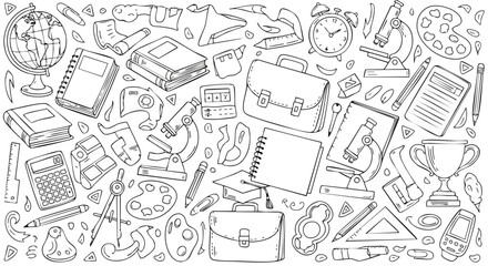 Hand-drawn doodle pattern featuring school supplies. This seamless background showcases a variety of educational tools and items, perfect for themes related to learning, education, and school