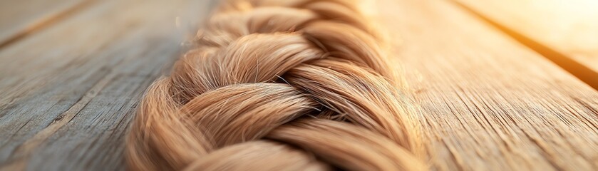 Realistic braided wig, intricately detailed strands, placed on a polished wooden counter, warm light creating depth and texture, vibrant and natural tones