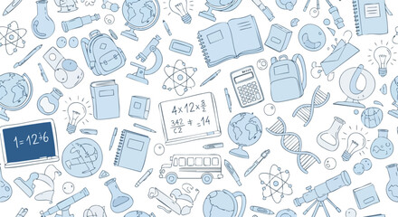 Light blue hand-drawn school supplies doodles form a seamless pattern on a white background