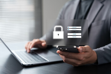 Cyber security login interface concept. Businessman accessing digital account using smartphone with secure username and password authentication to protect online identity and sensitive information.