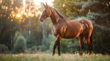 A stunning brown horse standing gracefully in a sunlit meadow surrounded by lush green trees and grass