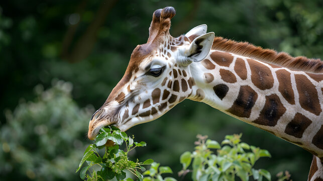 A giraffe eating leaves from a tree with a blurred green background in an outdoor setting location