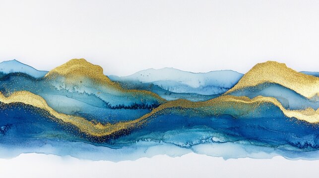 Alcohol inks create watery paint stains with gold dust. The paint forms gentle waves, like abstract blue ocean waves or marble lines. These liquid paints blend and shift in color.
