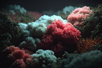 Fototapeta premium Close-up of surreal, textured, clustered growths in shades of coral, white, and dark green, illuminated from within