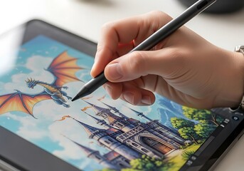 Digital artistry fantasy realms creating vivid dragon castles on interactive tablet