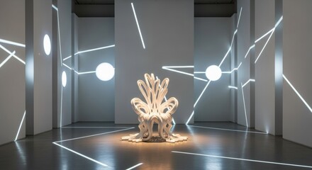 Futuristic art installation with a sculptural white chair and dynamic geometric light projections.