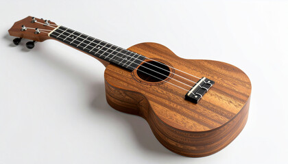 Obraz premium A wooden ukulele placed diagonally on a clean white background, soft studio shadows under the body and neck, high-resolution product style
