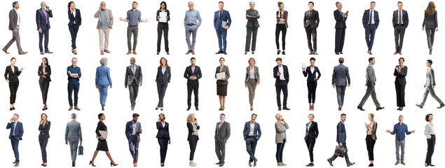 Set of business people in various actions on isolated background. Businesspeople, businesswomen, businessmen office worker in full body length studio professional shot in casual and formal wear