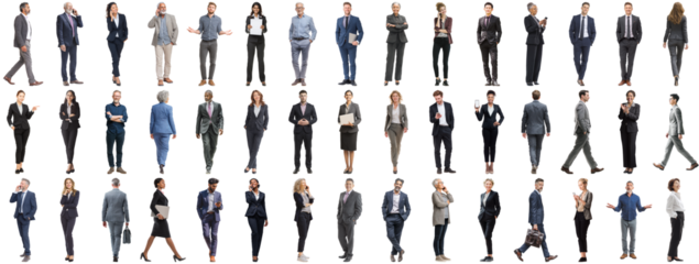 Set of business people in various actions on isolated background. Businesspeople, businesswomen, businessmen office worker in full body length studio professional shot in casual and formal wear