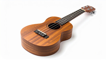 Obraz premium A wooden ukulele placed diagonally on a clean white background, soft studio shadows under the body and neck, high-resolution product style