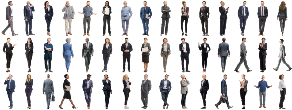 Set of business people in various actions on isolated background. Businesspeople, businesswomen, businessmen office worker in full body length studio professional shot in casual and formal wear - Powered by Adobe