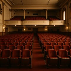 Naklejka premium Realistic Wide-Angle Photo of a Vintage Cinema Hall from the Stage Perspective – Empty Red Chairs and Balcony Seating