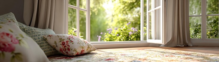 Lily breeze with cushion carpet concept. Cozy room with bright sunlight streaming through open windows.