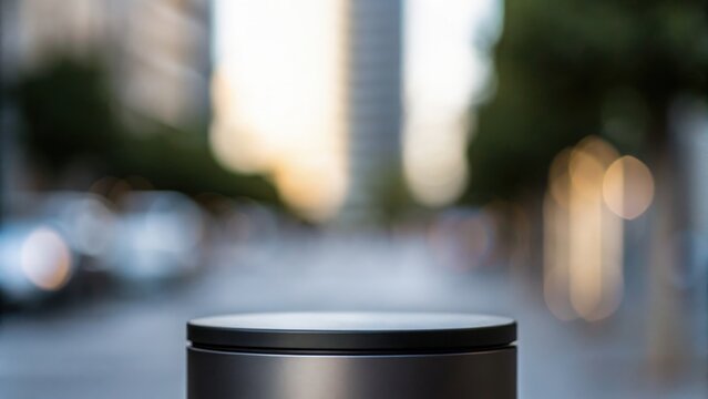 Metallic object hovering above dark cylinder — high-tech product presentation concept
 - Powered by Adobe