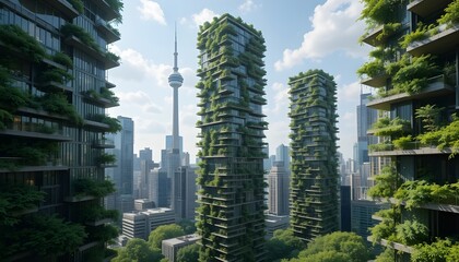 "Toronto Vertical Forest Towers" – Downtown Toronto skyline covered in green skyscrapers with suspended parks, glass bridges, and solar leaves.
