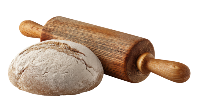 Bread and rolling pin isolated on transparent background with flour dusted crust