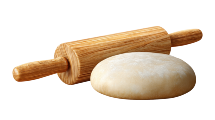 Wooden rolling pin isolated on transparent background with dough ball for baking