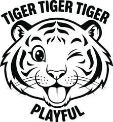 Cartoon tiger head winking with a playful expression, surrounded by the words "Tiger Tiger Tiger" and "Playful".