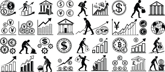Financial and Economic Icons Depicting Money Growth Investment and Global Business Concepts Black and White Graphics
