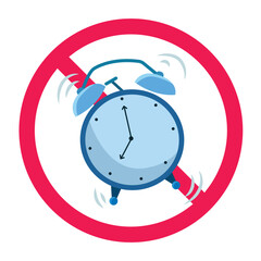Ringing alarm clock forbidden sign, no morning alarm or time warning