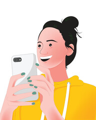 Flat cartoon illustration of a smiling young girl wearing a yellow hoodie while holding a smartphone. Perfect for youth lifestyle, mobile technology, and communication concepts.