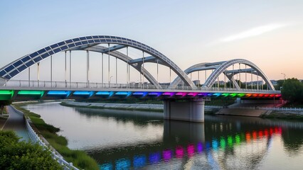 Naklejka premium This image features a modern bridge with a solar panel arch and colorful LED lighting, spanning a river at sunset, symbolizing sustainable urban infrastructure and smart design.
