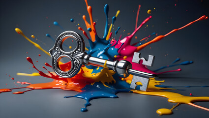  Silver Key Unlocking Colorful Paint Splash on Dark Background