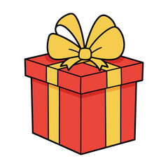A brightly colored red gift box with a large yellow bow tied on top symbolizing celebration and surprise