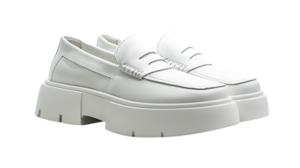 Stylish pair of white leather platform loafers isolated on transparent background, a trendy and fashionable footwear choice for women, perfect for adding height and style