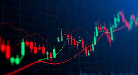 Fototapeta premium Stock market chart with red and green candlestick patterns showing price fluctuations and trends against a dark blue background.