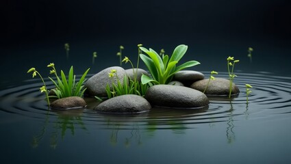 Naklejka premium Green Grass Growing Among Stones on Water – Minimalist Wellness and Spa Concept