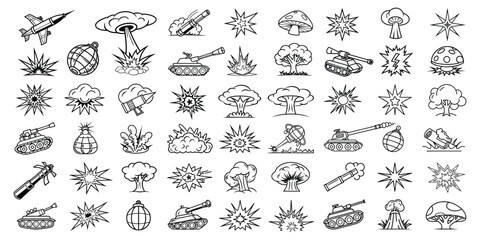 Collection of black and white military and explosion icons in a line art style featuring tanks missiles and mushroom clouds