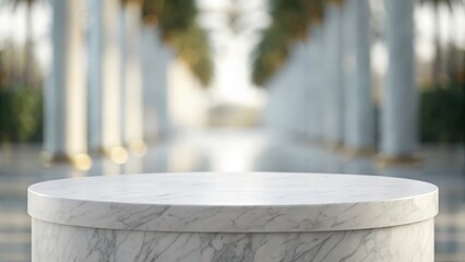 White marble-textured pedestal with smooth curves — luxury product presentation
