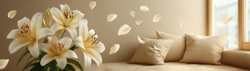 Fototapeta premium Lily breeze with cushion carpet concept. Elegant lilies in a cozy living space, creating a serene atmosphere.