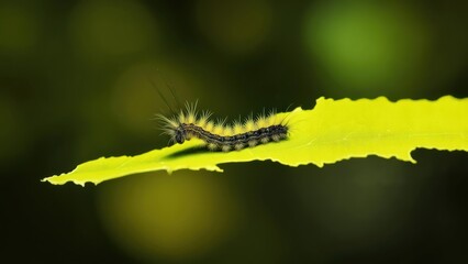 Naklejka premium Close-up of a caterpillar on a vibrant lime-colored leaf