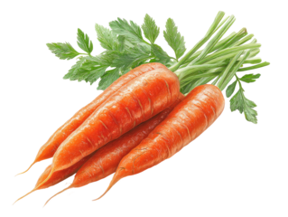 Fresh carrots with green leaves.  Close-up image of a bunch of vibrant orange carrots with visible striations.  Green leafy tops are layered above and around the carrots.  Isolated on black background